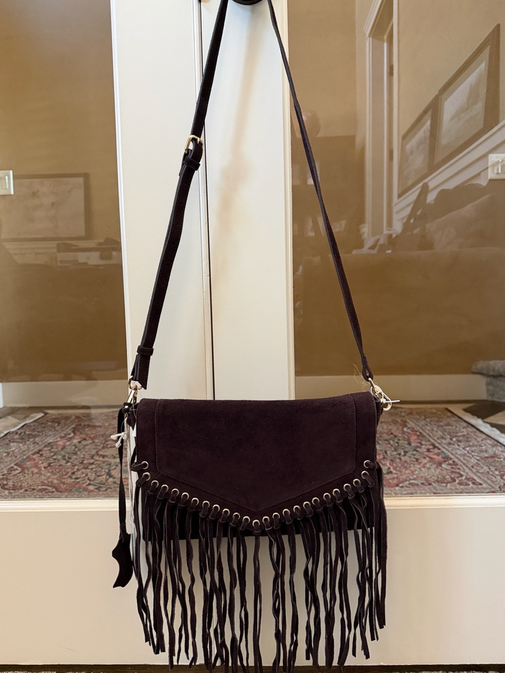 Haute Hippie Women’s Dark Brown Genuine Suede Grommet Fringe Flap Crossbody Bag - Picture 2 of 10